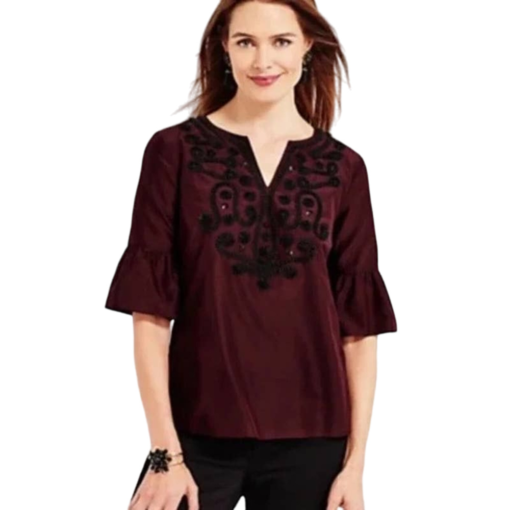 Talbots Bell Sleeve Blouse Top S Embellished Applique Sequins Burgundy Red Black